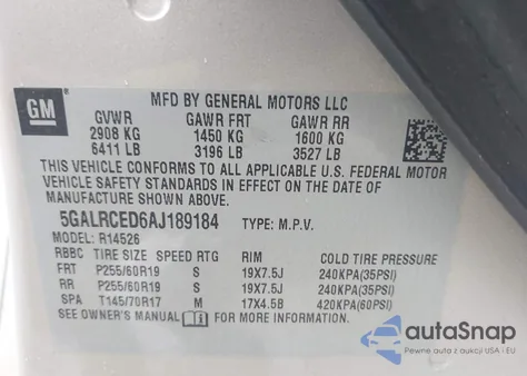 2010 Buick Enclave 2Xl z USA, uszkodzony, nr VIN 5GALRCED6AJ189184